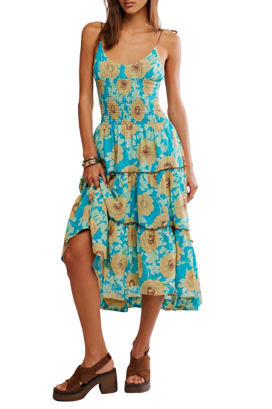 NEW, FREE PEOPLE Adriel Tie Strap Tiered Midi Dress in Ocean Combo Sz L #MD1945