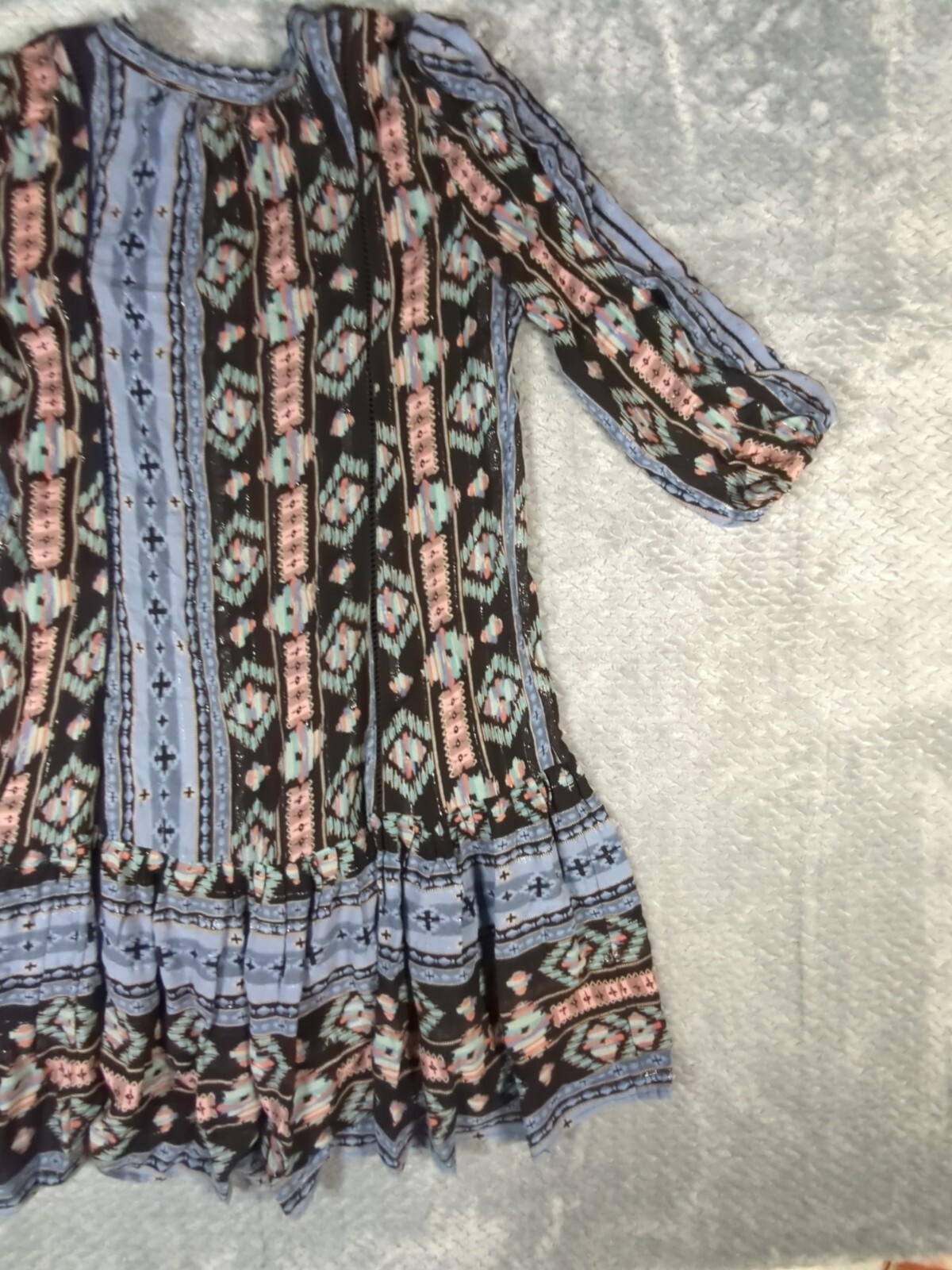 Holding Horses Anthropology Women’s Southwest Print Dress Ruffle Tassles XS Blue
