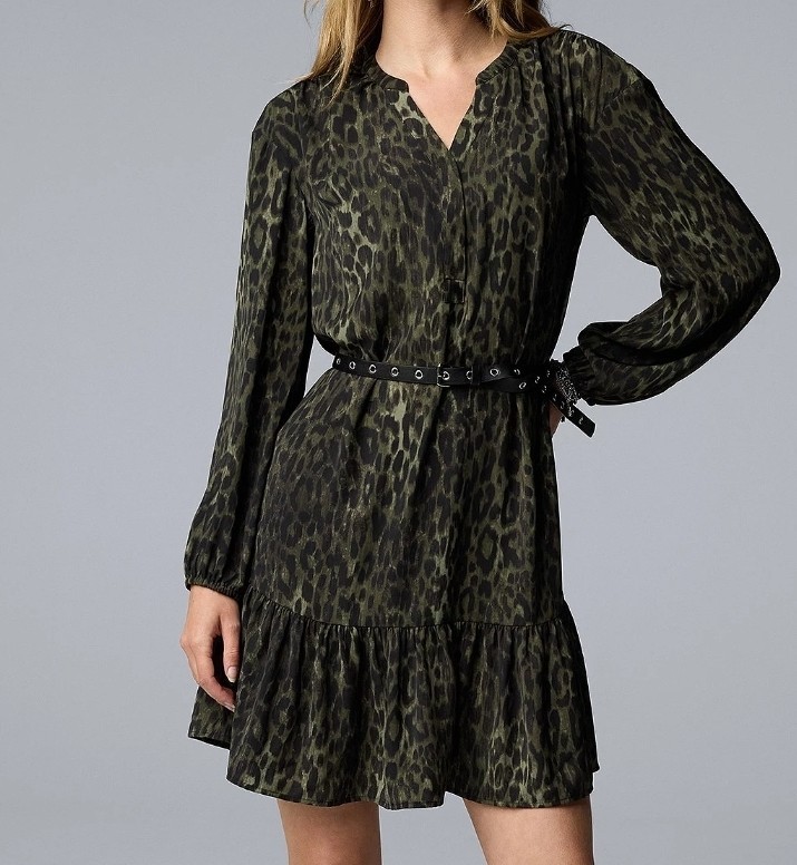 Simply Vera Vera Wang Belted Shirred Mini Dress Green Leopard SZ L NWT