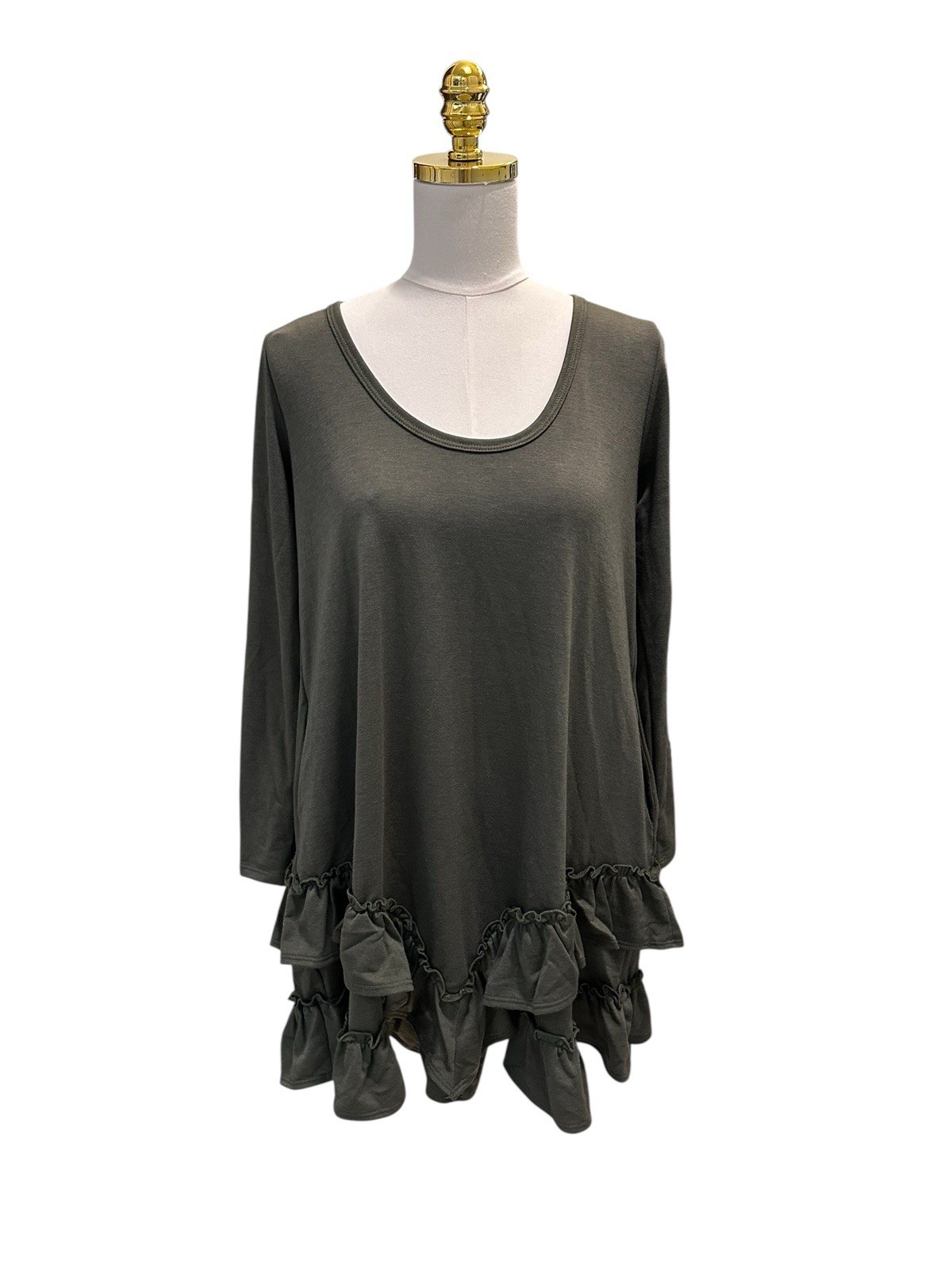 Three Bird Nest Constance Ruffle Hem Long Sleeve Dress Olive Green Sz S NWT
