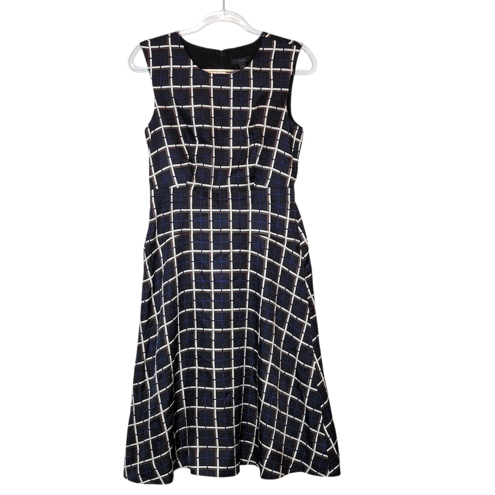 J.Crew Silk Windowpane A-Line Midi Dress Black Tan Navy Jewel Neck Classic 4 NWT