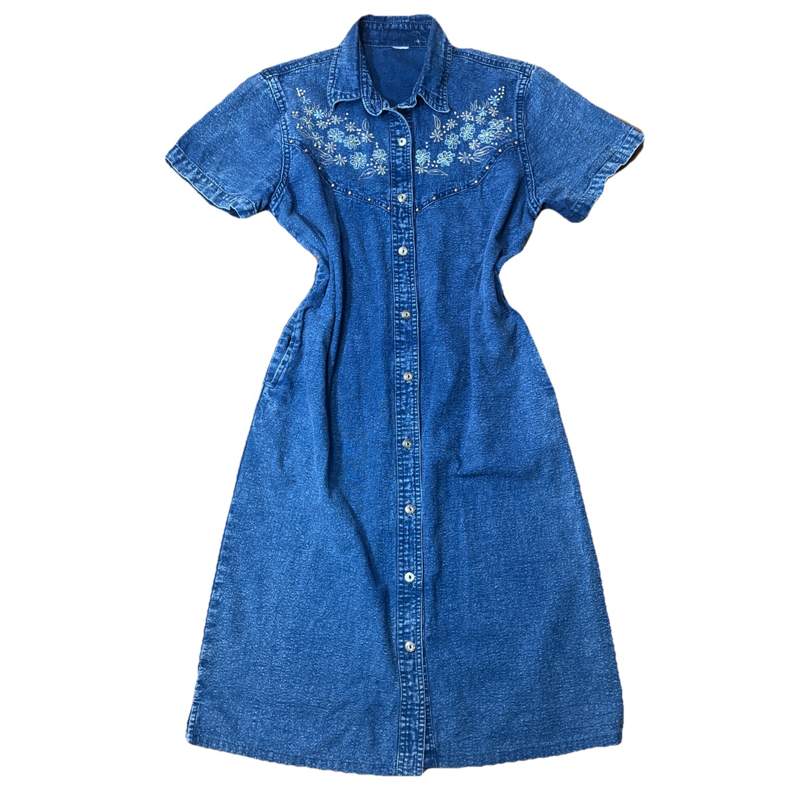 JANE ASHLEY Denim Dress M/L Pockets Floral Embroidered Cottage Peasant 90s VTG