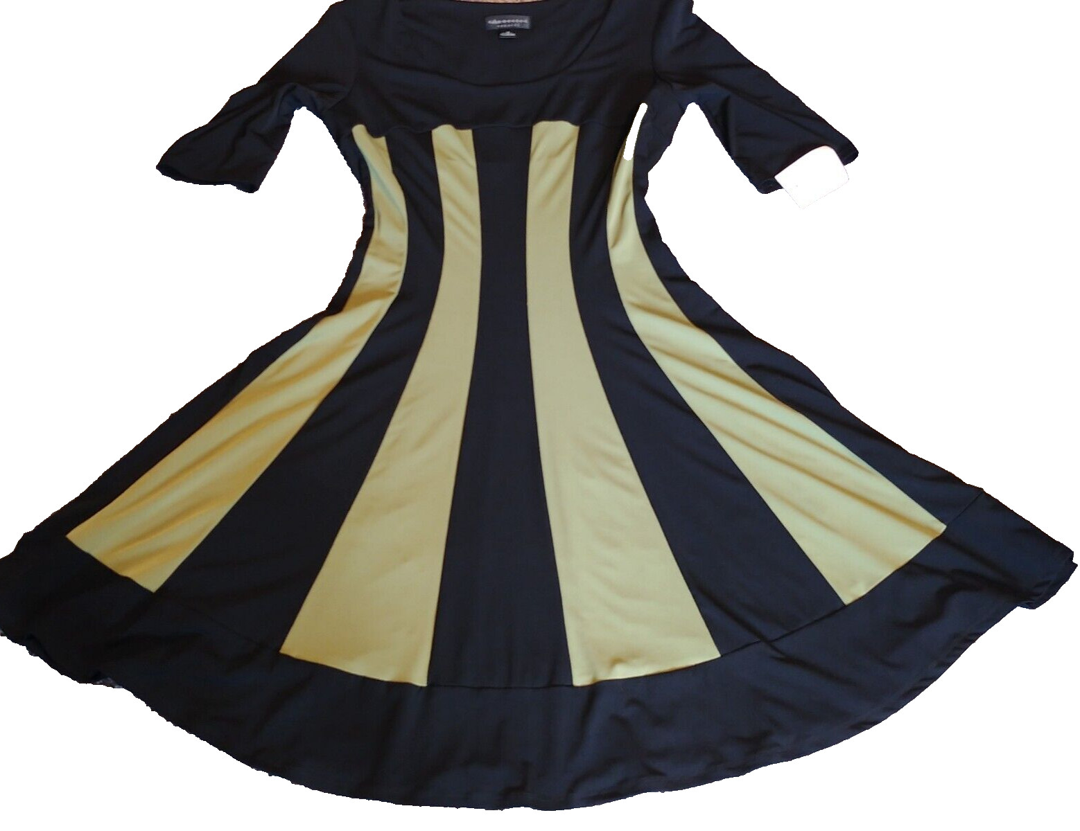 Connected Apparel Dress Womens 12 Black Olive Green Stripe Fit Flare Stretch NEW