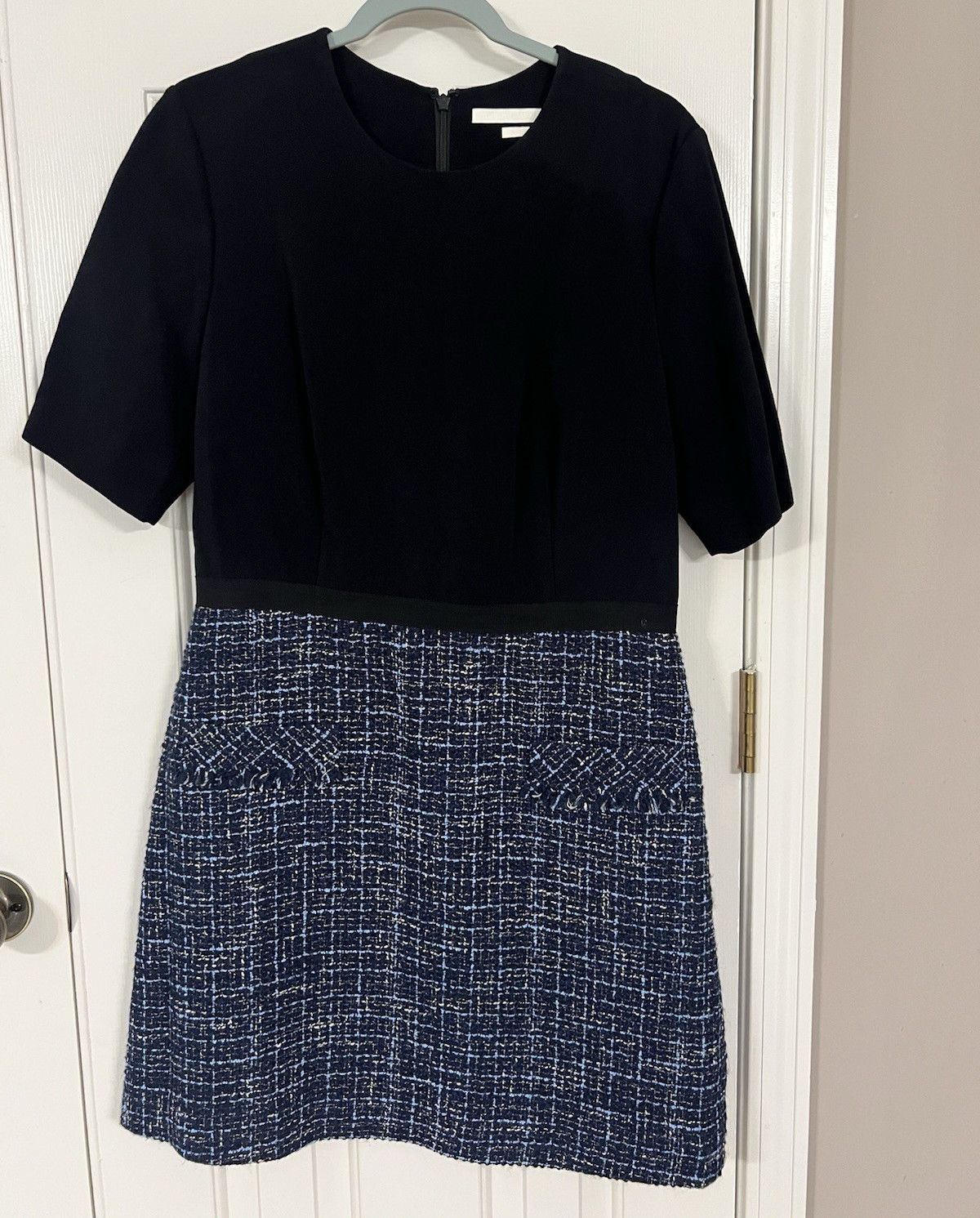Jason Wu Black/Blue Tweed Shift Dress – Short Sleeve Knee Length, Size 14