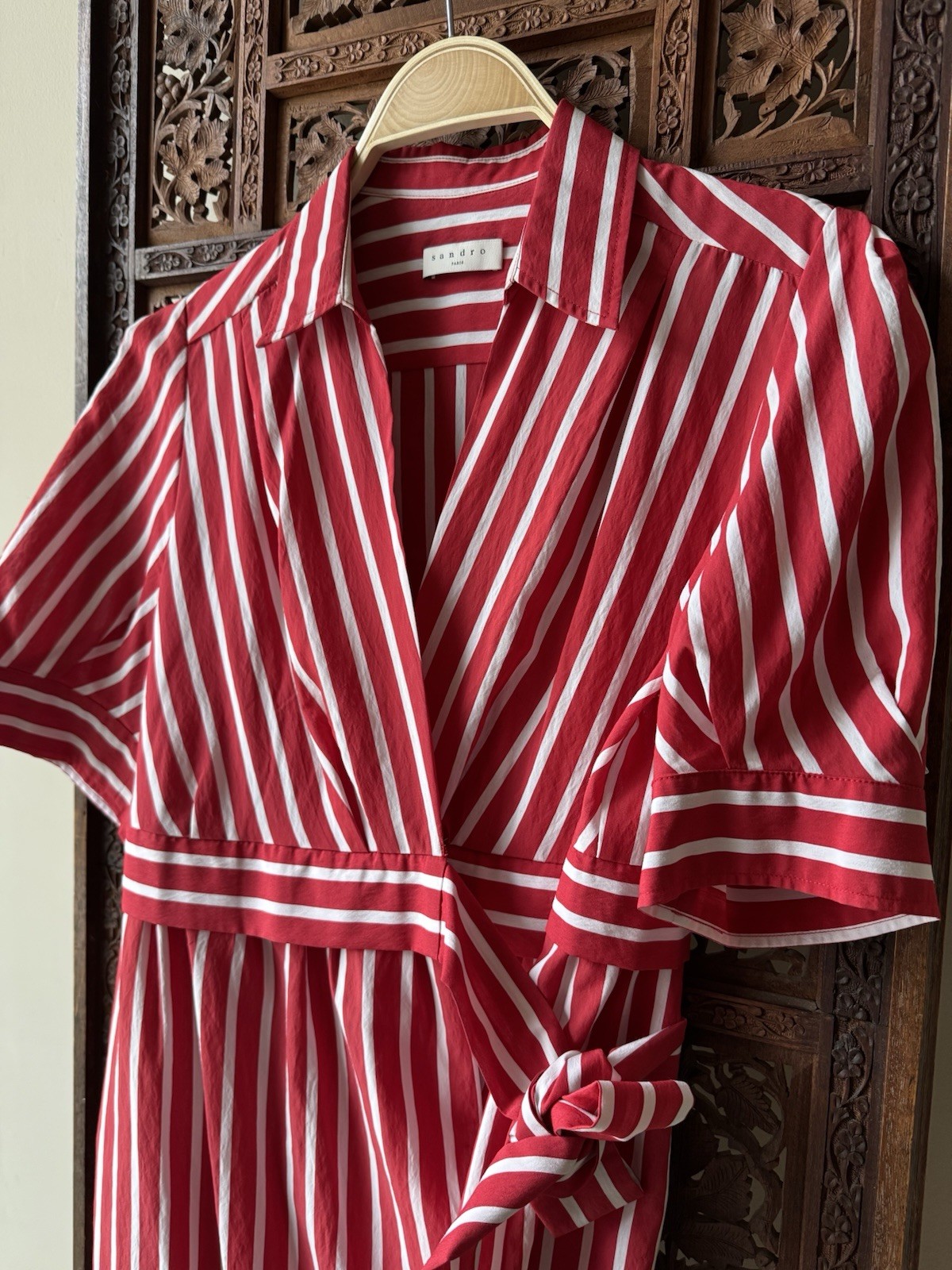 Sandro Paris Red White Striped Wrap Midi Dress Short Sleeve Belted Sz 40 US 8 M