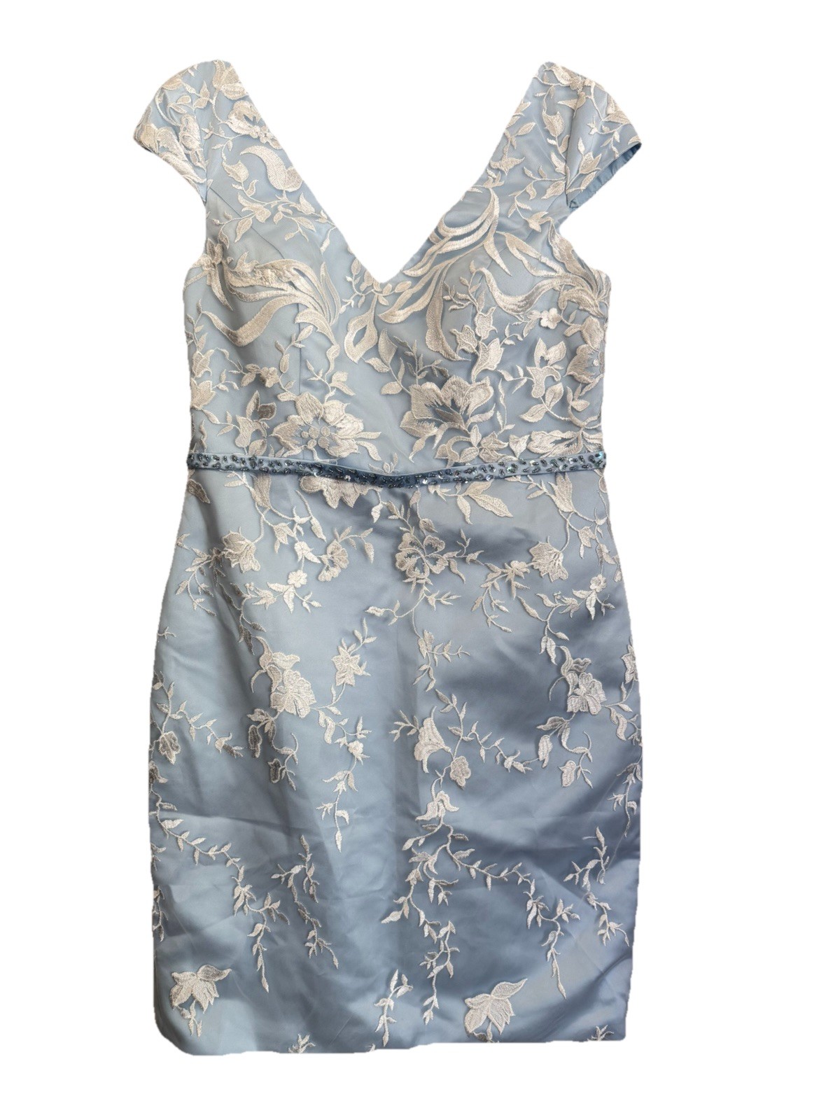 NWT Women Elegant Floral Embroidered Sheath Formal Dress in Sky Blue Size 14