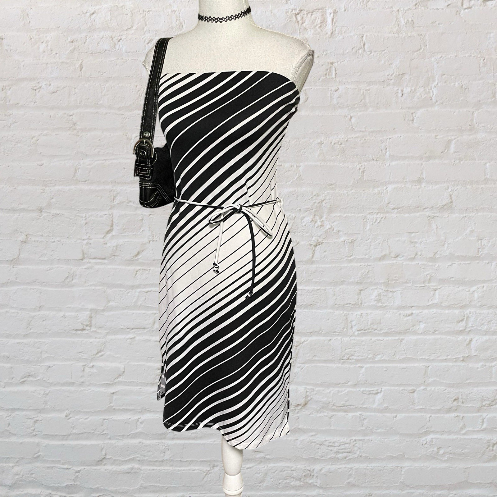 vintage y2k op-art black white diagonal stripe glam strapless dress S/M party