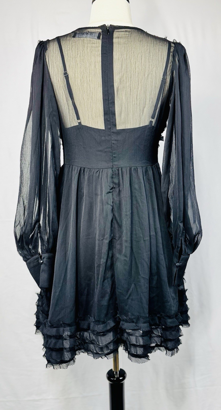 O.P.T. Black Chiffon Ruffle Mini Dress Sheer Long Sleeve Size M Goth Cottagecore