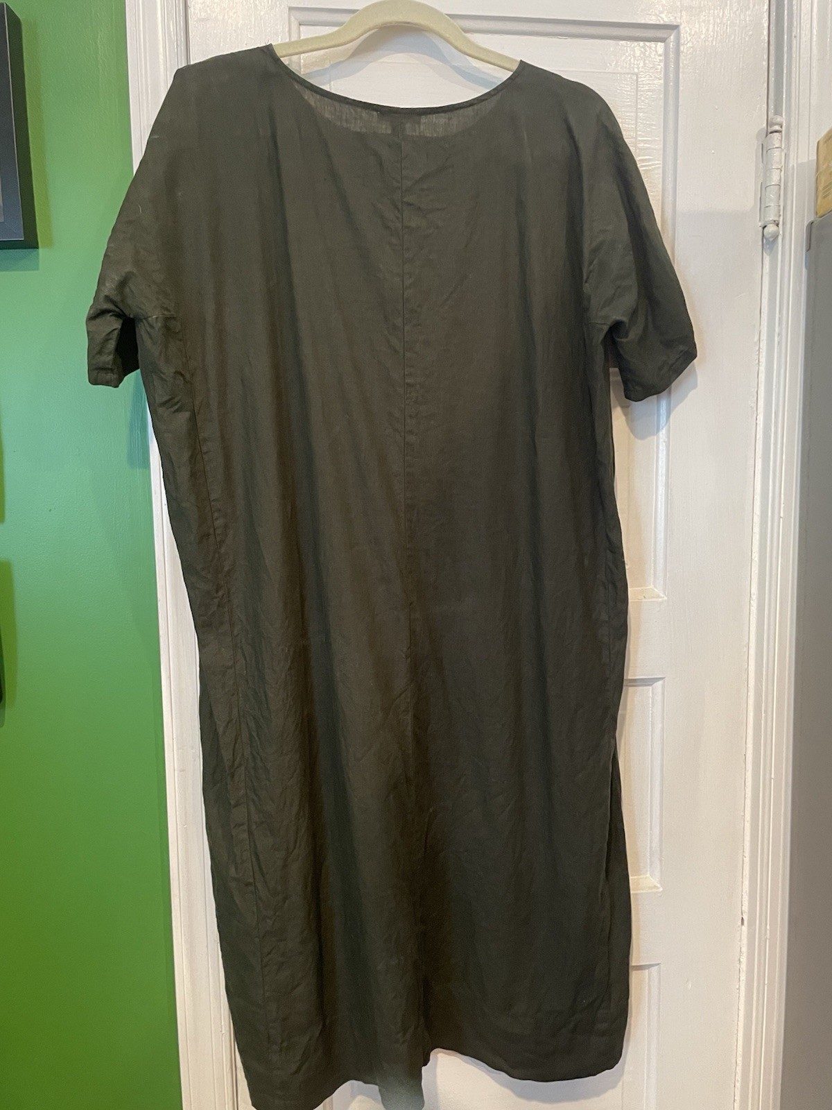 Eileen Fisher Green Linen Woven Midi Dress Short Sleeve Round Neck Pockets M