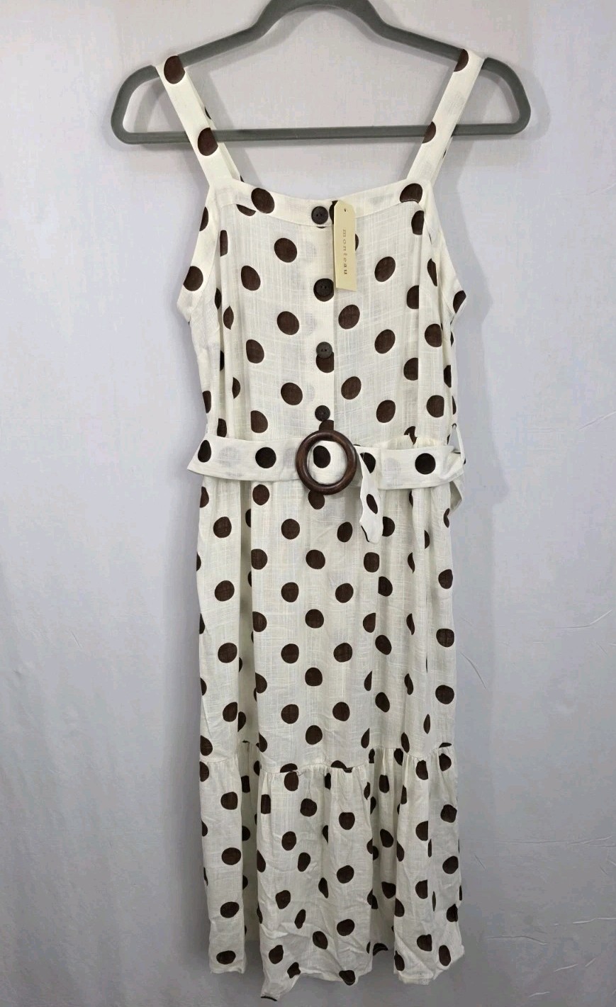NWT Sz L Monteau LA Cream & Brown Polka Dot Sun Summer Dress W/Belt Linen Blend