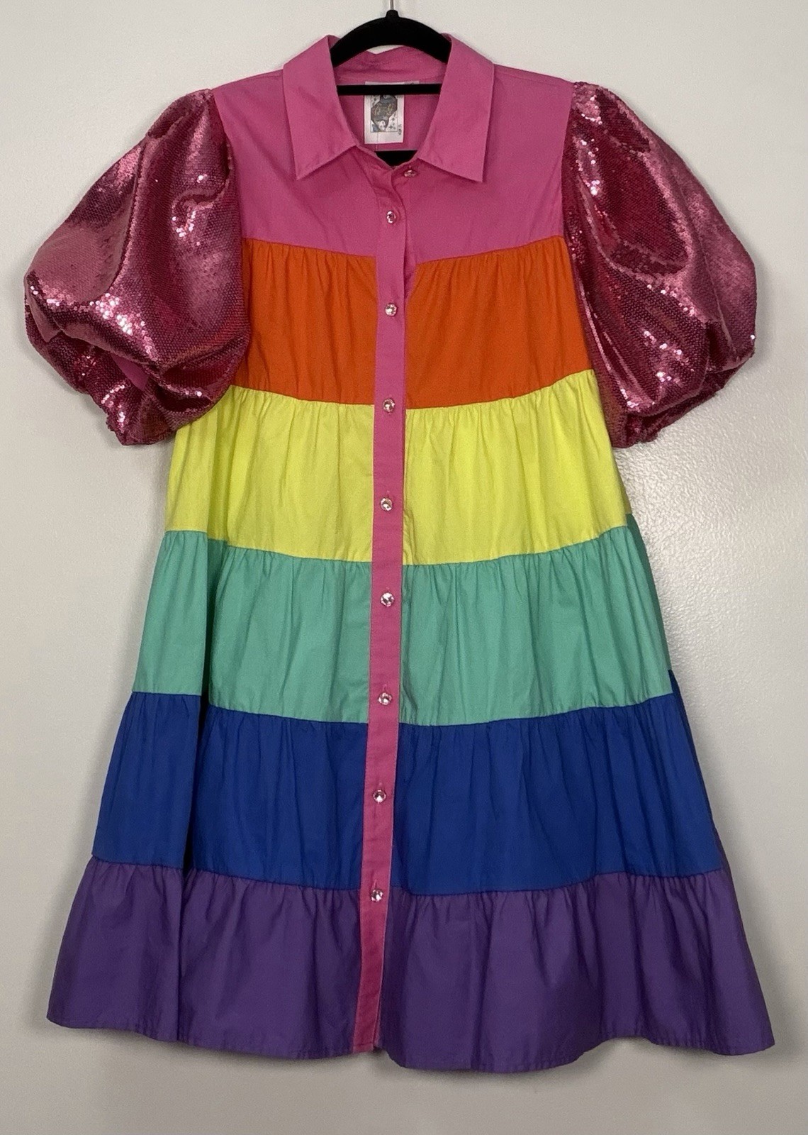 🆕 Queen of Sparkles Rainbow Colorblock Short Puff Sequin Sleeve Size S