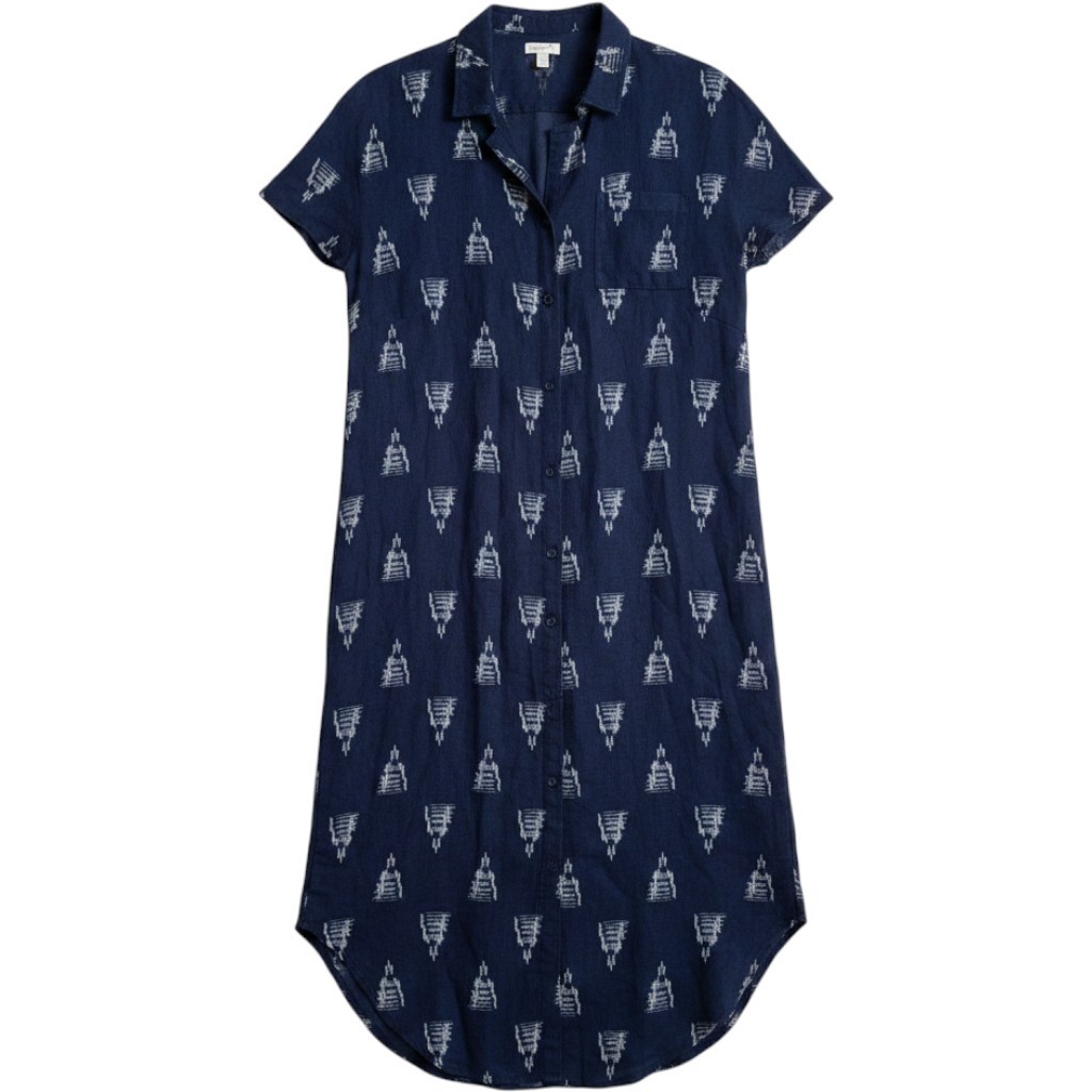 Garnet Hill Shirt Dress Medium Navy Linen Ikat Button Down Coastal Boho