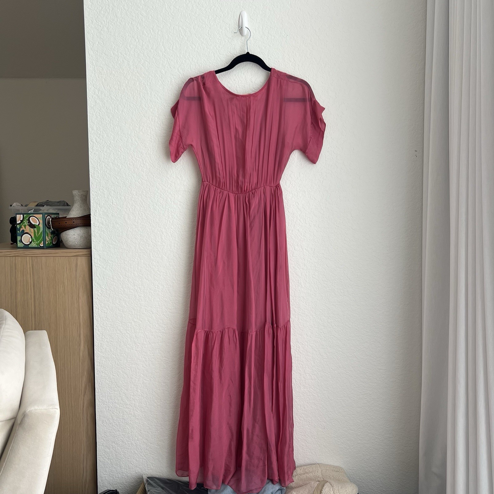 Scandal Made in Italy Pink Solid V-Neck Ruffle Maxi Dress Elastic Waist