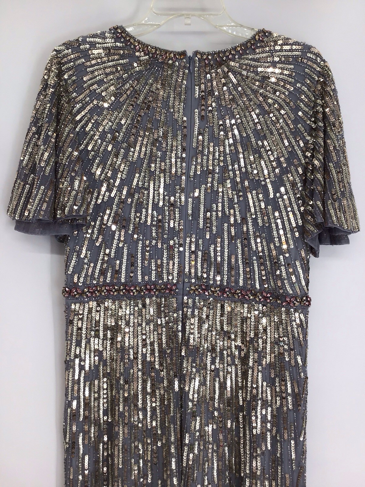 Mac Duggal NWT sequin v-neck flutter sleeve Platinum column gown formal Size 10