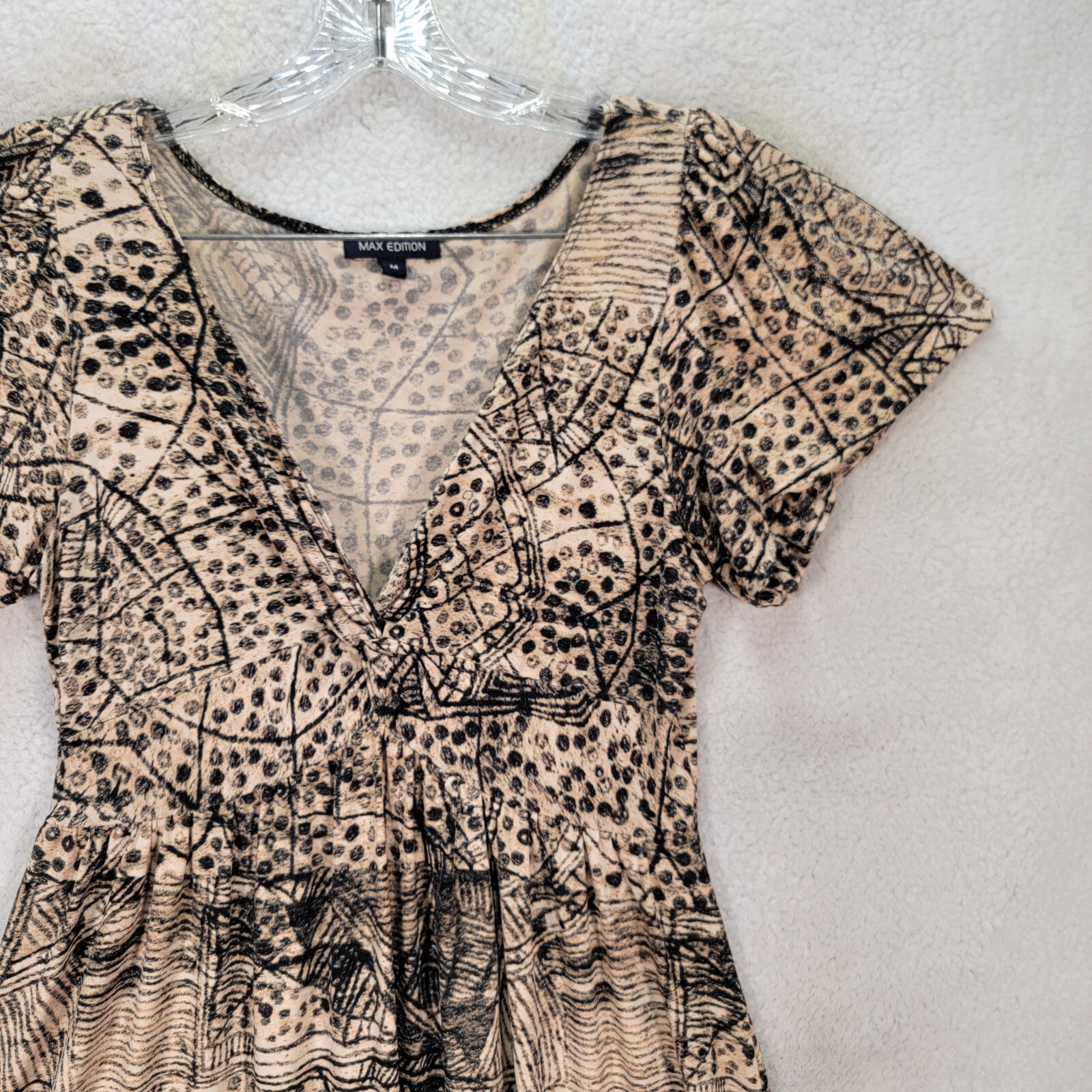 Vtg 90s Max Edition Beige Retro Print Jersey Stretch A Line Womens Dress Size M