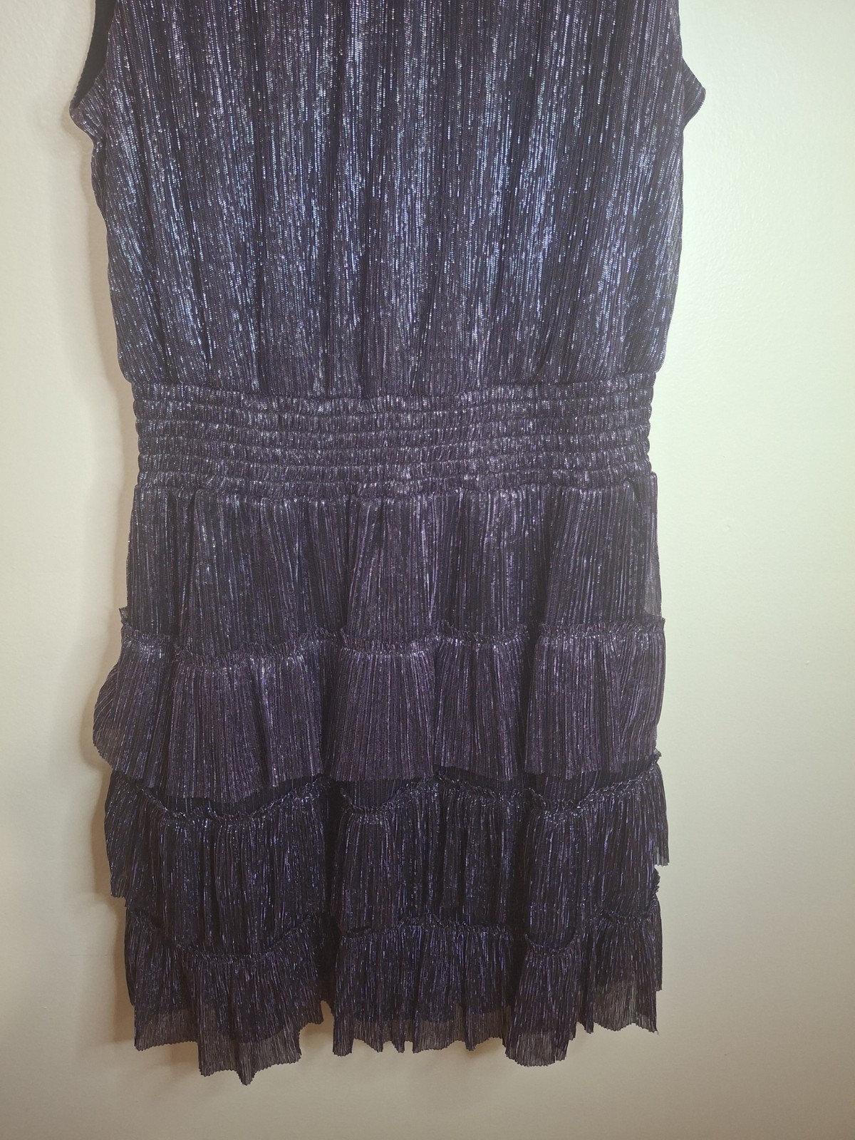 1.STATE Women’s Metallic Pleated Tiered Mini Dress Mock Neck Sleeveless M