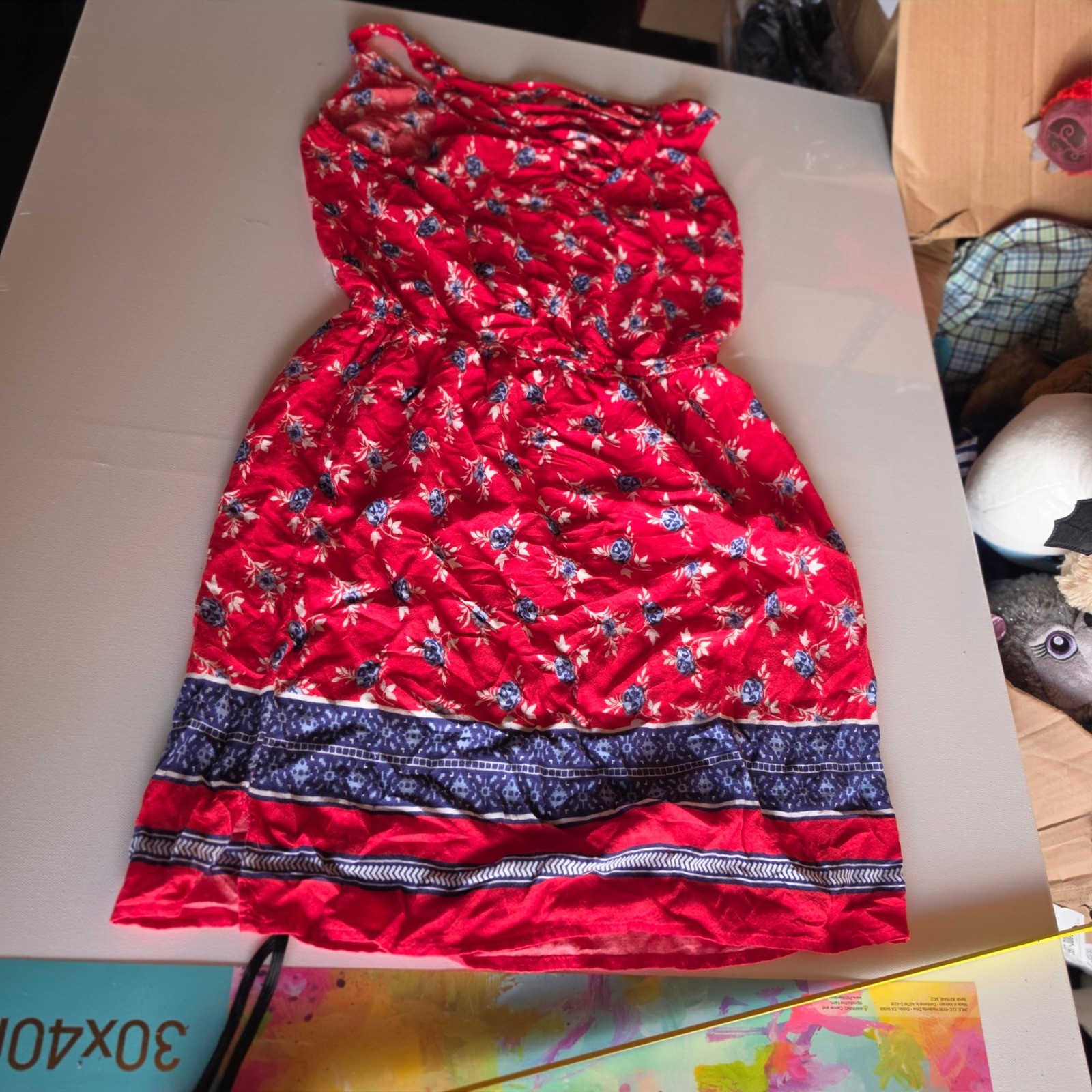 Sfera Casual Red Floral Strappy Back Mini Dress Womens Medium Blue Border Print