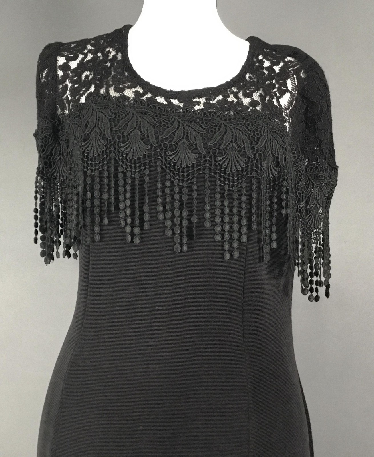 Maxima Dress Womens XL Black Sheath Maxi Short Flutter Sleeve Fringe Zip
