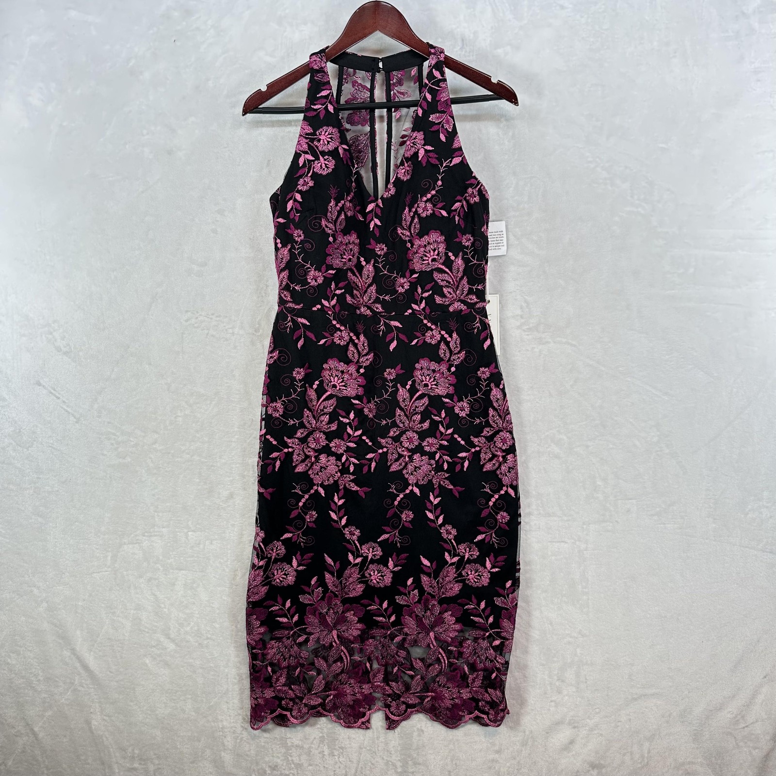 Siena Dress Womens 8 Black Pink Floral Lace Embroidered Sheath Midi Party Formal