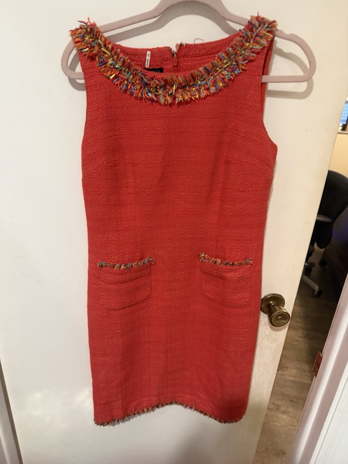 Talbots Womens Tweed Sheath Dress Sleeveless Coral Confetti Fringe Trim size 4