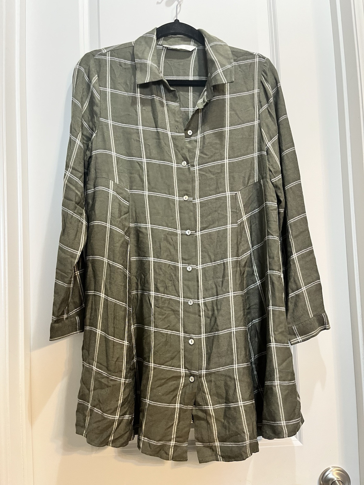 Zara Green Plaid Silver Sparkle Tunic Button Down Shirt Dress 3/4 Sleeves Med