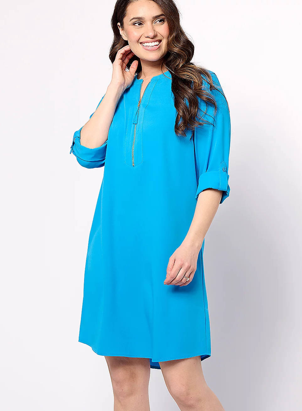 Belle by Kim Gravel Blue Tunic Dress XLP 1/4 Zip Neckline Roll Tab Sleeves NWOT