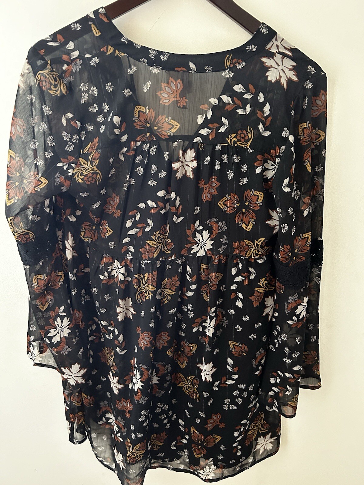 Knox Rose Boutique Small Black Floral Tunic Mini Dress Boho Peasant Sheer Flowy