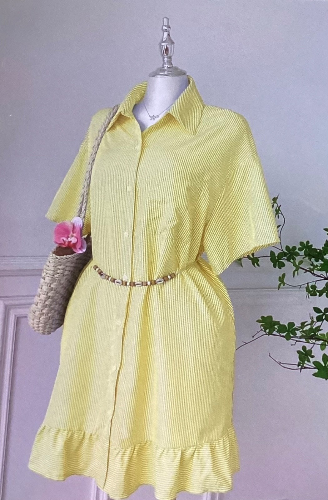 Plus Size 1XL Striped Ruffle Hem Shirt Dress Light Yellow Woven NWOT