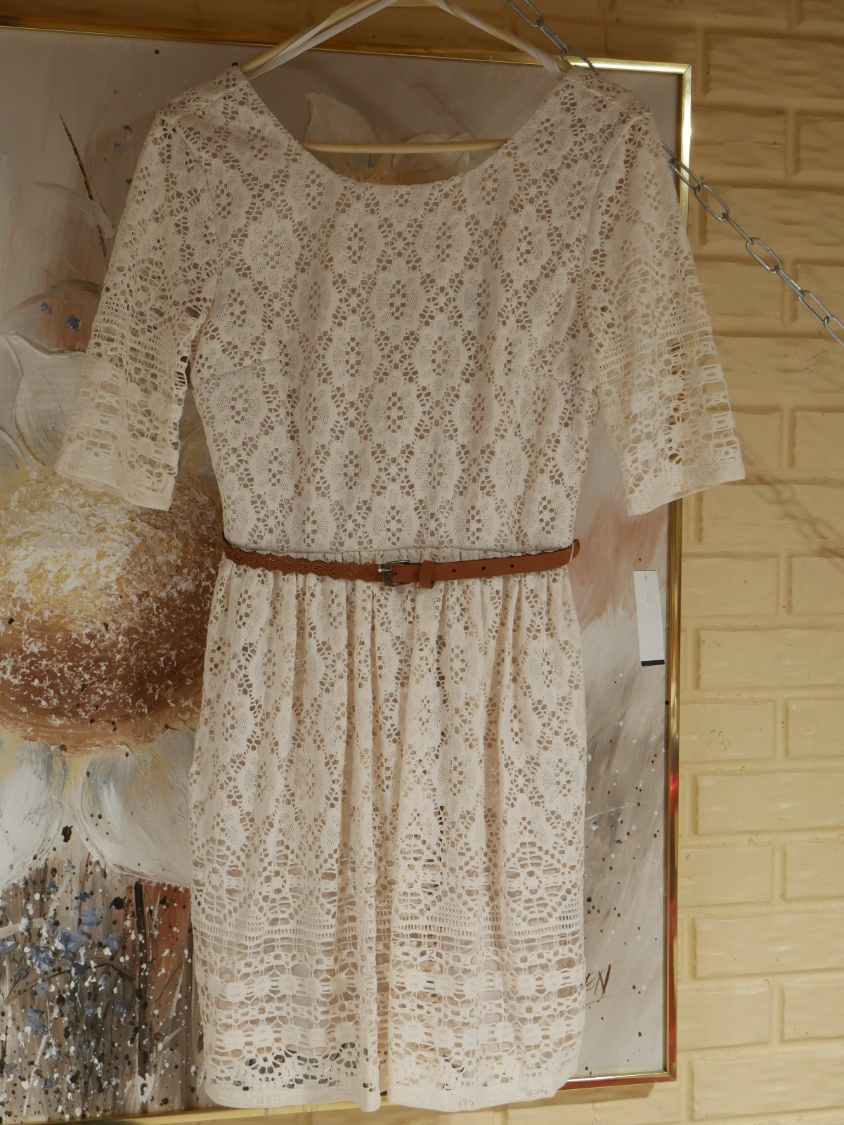 NWT CITY TRIANGLE JUNIORS SZ 7 POLYESTER SHELL/LINING NATURAL BELTED LACE DRESS