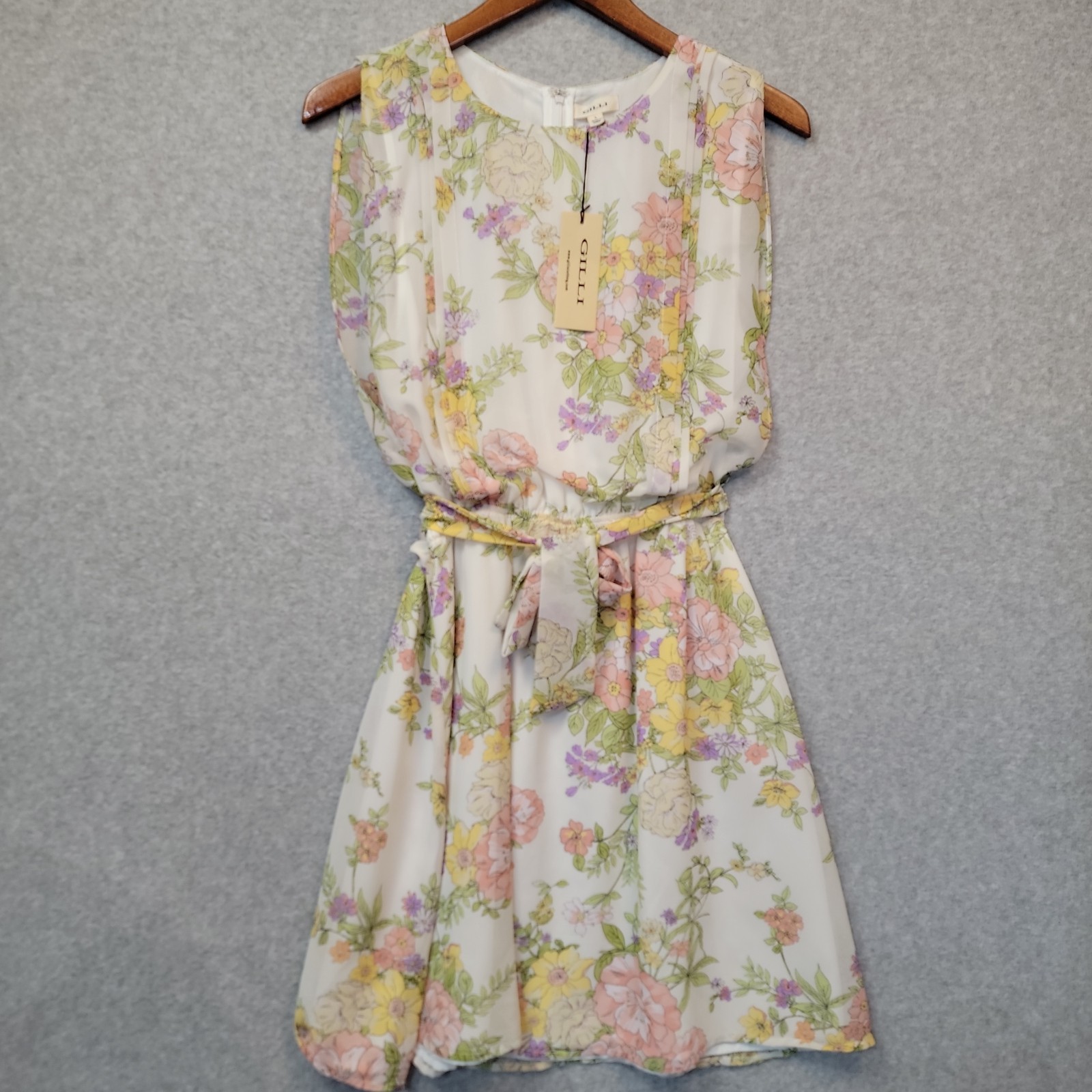 NEW Gilli Floral Dress Sz Large Cream Floral Tie Waist Chiffon Sleeveless Fairy