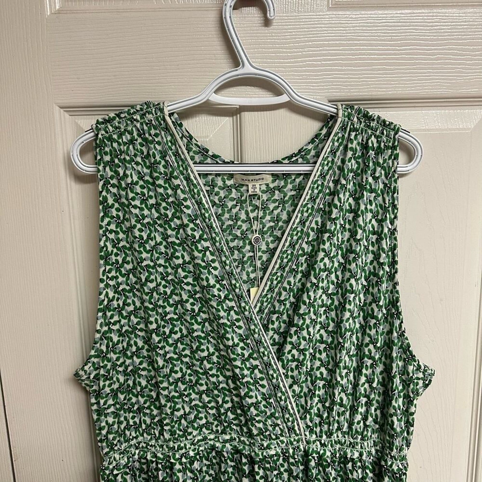 Max Studio Textured Jersey Tiered Midi Dress Cream Green Buds Women’s 3X
