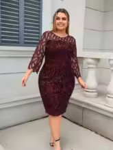 Party Dress Plus Size Ladies Midi Sequin Mesh Long Sleeve Lace Elegant Bodycon L