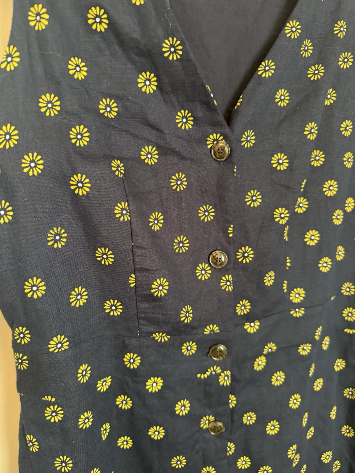 J.CREW Navy Yellow Floral Button Front Linen and Cotton Dress Size 0