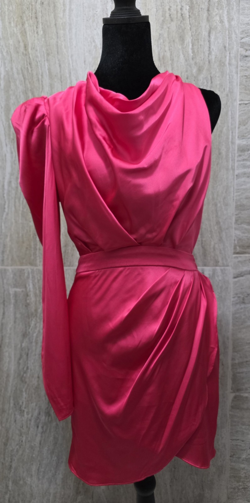Do+Be NWT Cowl Neck One Shoulder Long Sleeve Satin Ruched Tie Mini Dress S