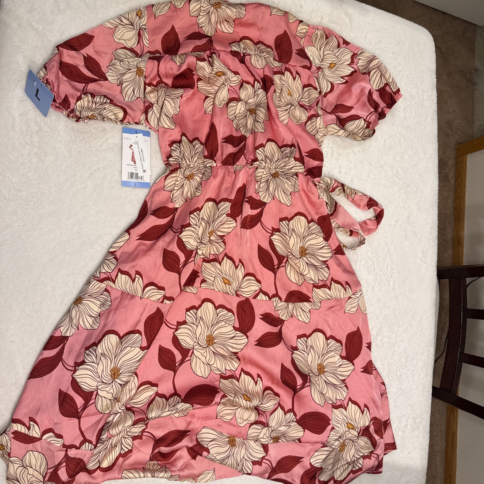 Draper James Pink Floral Wrap Dress Short Sleeve Ruffle Neck Midi L S7005BBS