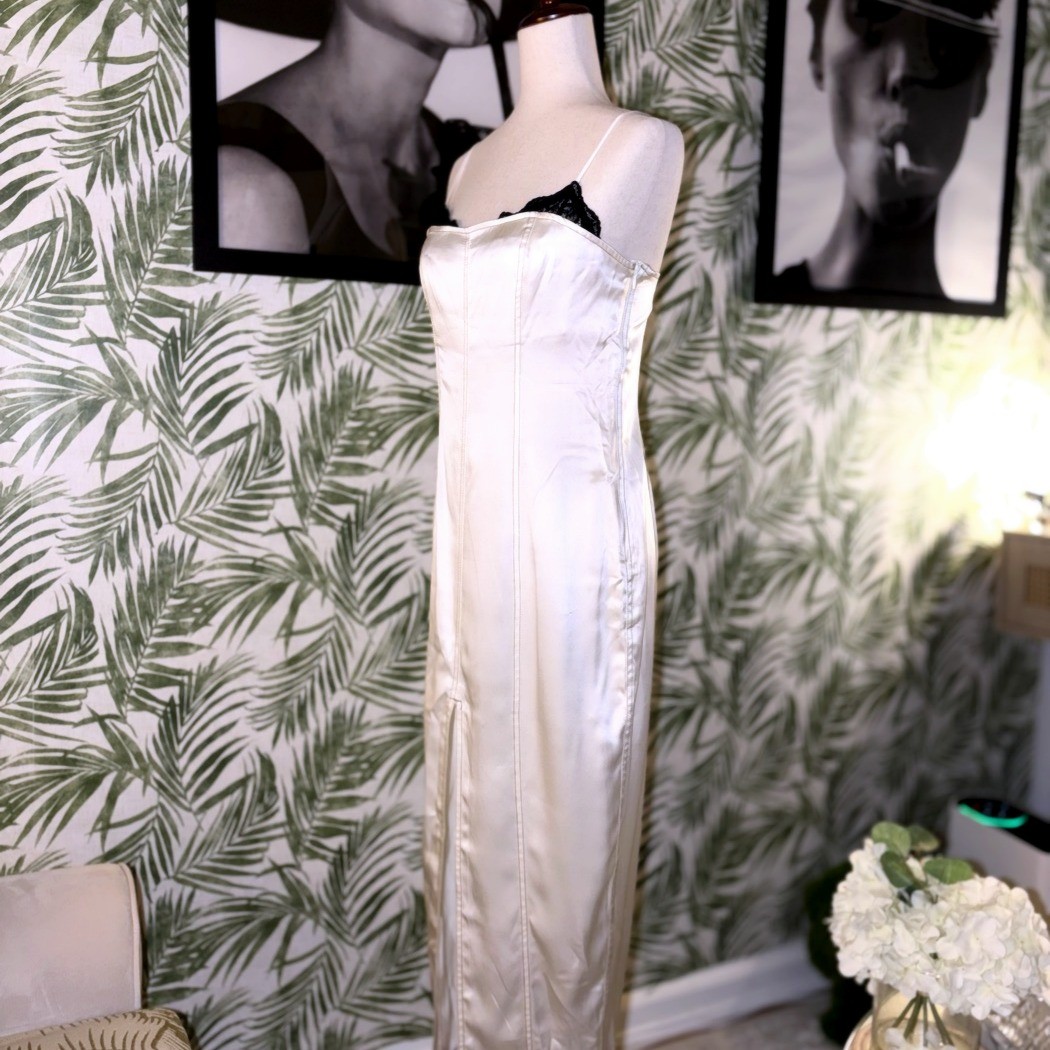 Fleur du Mal Ivory Satin Slip Dress Black Lace Trim Bias Midi Womens Size 8