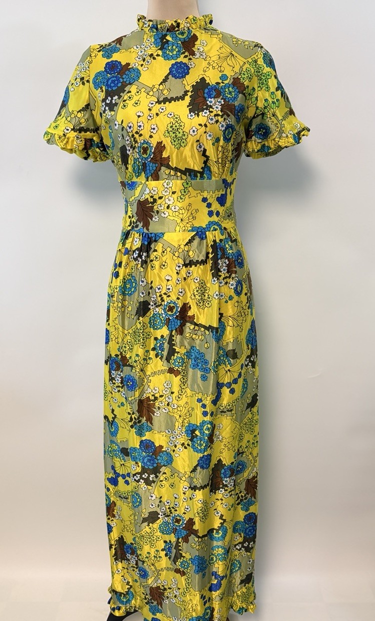 Vintage 70s Maxi Ruffle High Neck Dress Yellow Blue Floral Hippie Mod Medium