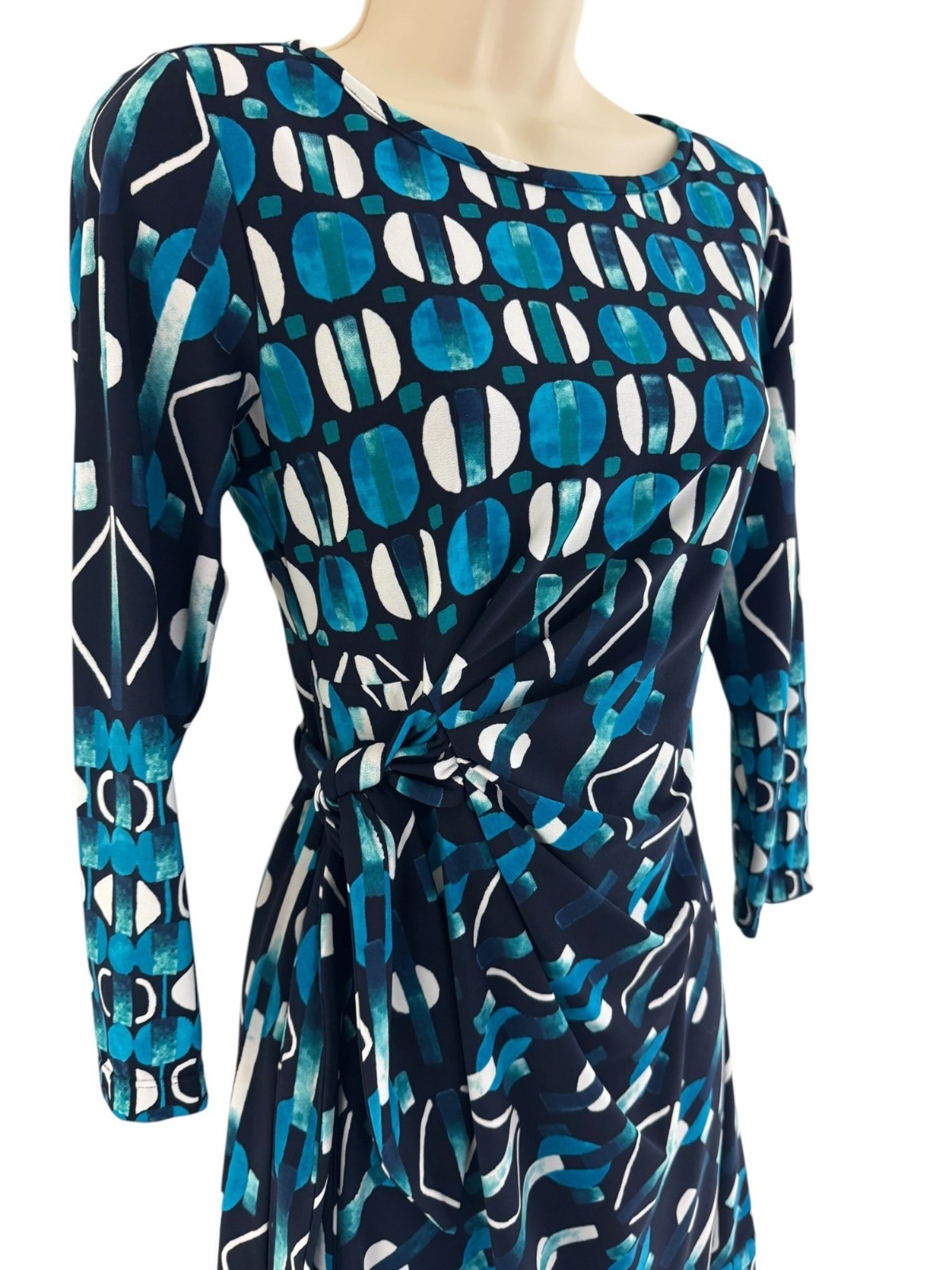 Donna Morgan Teal Geometric Print Side-Tie Wrap Dress Size 6 Office Work Spring