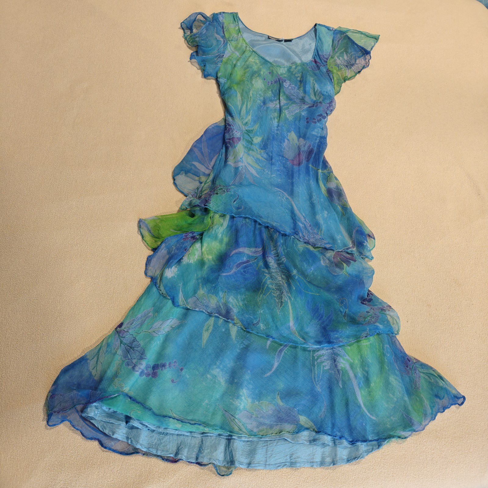 Size 14 Y2K Orientique Blue Ocean Botanical Tiered Layered Fairy Ruffle Dress