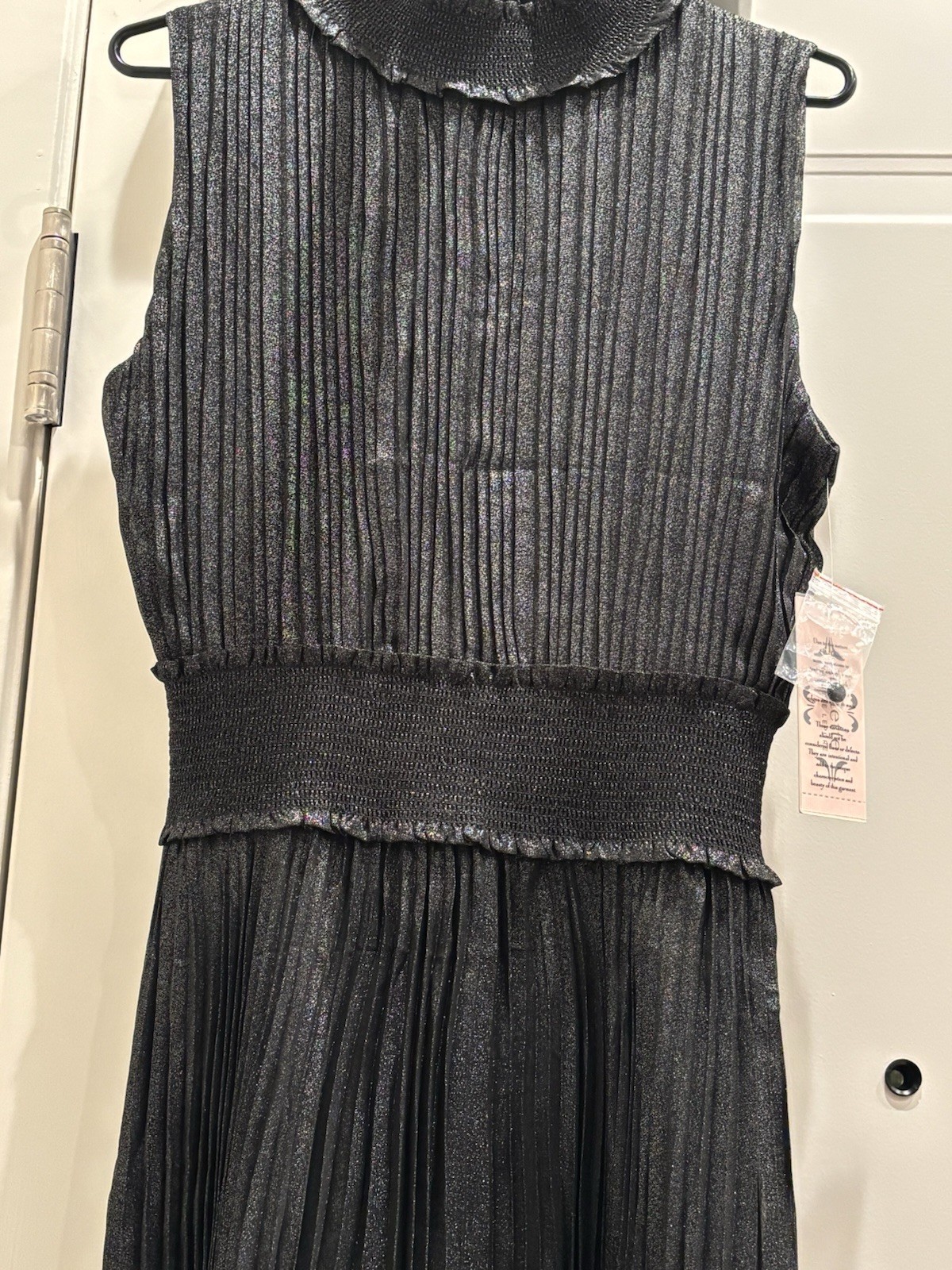 Nanette Lepore Black Silver Pleated Ruffle A-Line Sleeveless Midi Dress Size 10