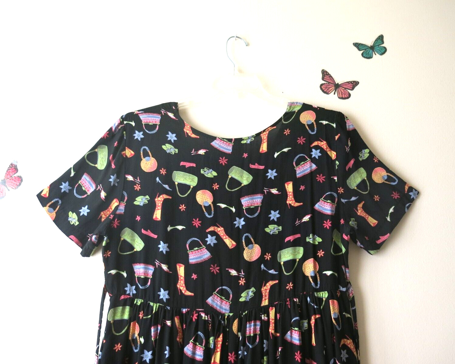 Vintage Coldwater Creek Rayon Black Shoe Purse Floral Print Jumper Dress Size PL
