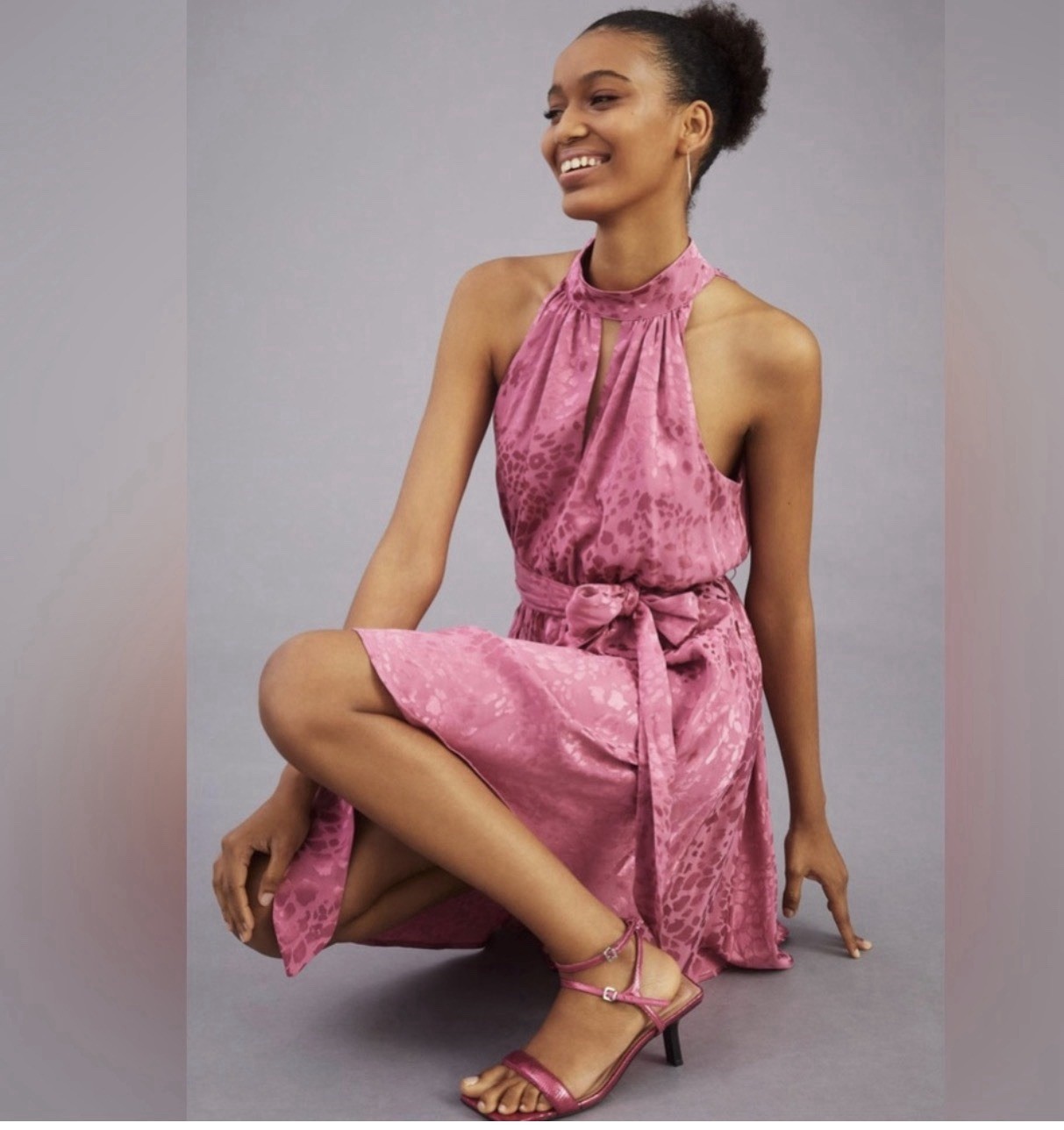 Anthropologie Rose Pink Jacquard Halter Mini Dress Small Keyhole Pockets