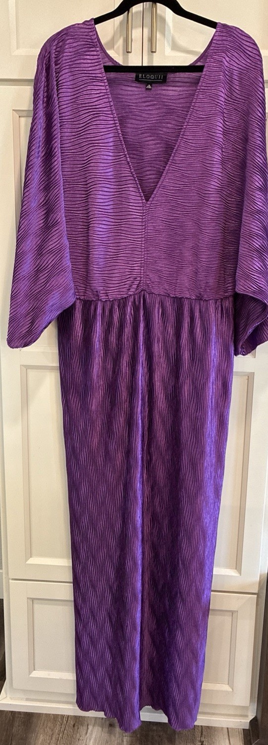 Eloquii Women’s Purple Pleated Deep V-Neck Maxi Dress Dolman Sleeve Plus Size 18
