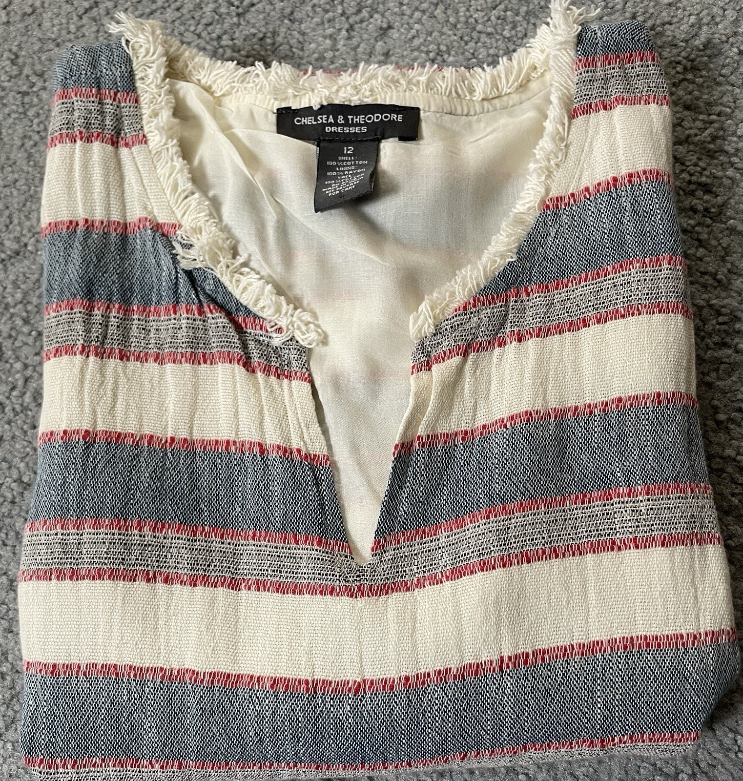 Chelsea & Theodore Striped Mini Dress Sz 12 Red Gray Fringed Hem Nautical Beach