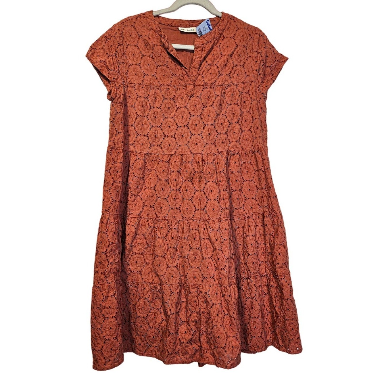 NEW Roller Rabbit M Pamela Eyelet Split Round Neck Short Sleeve Tiered Dress
