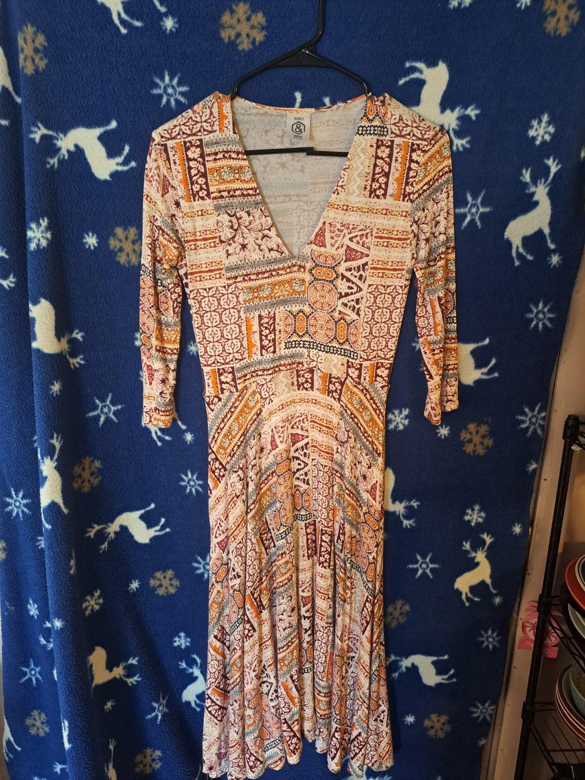 Agnes & Dora Geometric Midi Fit & Flare Dress V-Neck 3/4 Sleeve Multicolor S