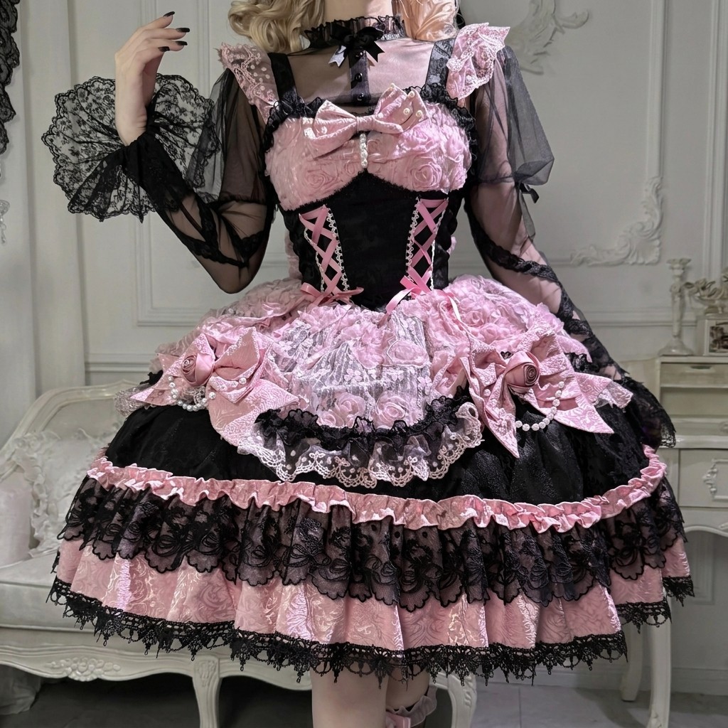 Dark Lolita Suspender Dress Gothic Lace Ruffle Princess Tea Party Dress