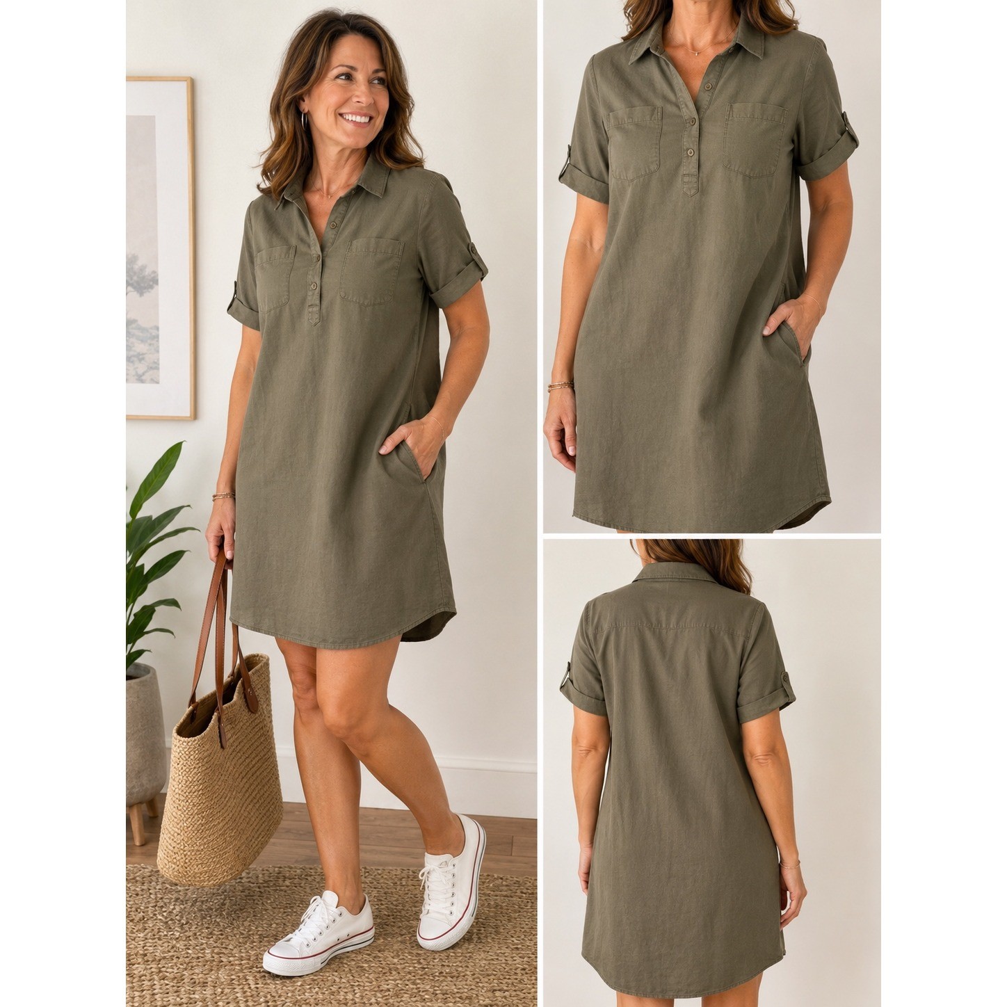 Karen Scott Olive Green Cotton Utility Shirt Dress PXL Gorpcore Minimalist Boho