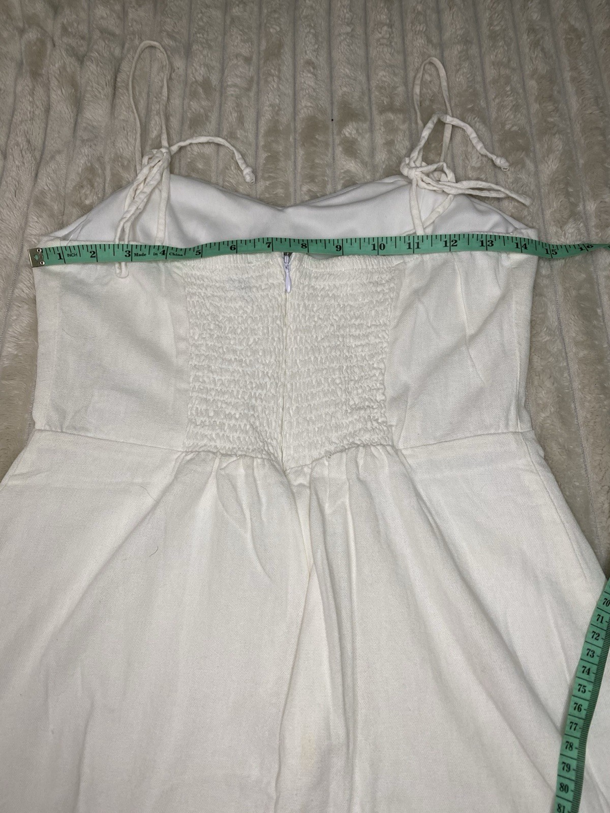francesca’s White Woven Sweetheart Sundress Smocked Lined Zip Back Tie Straps S