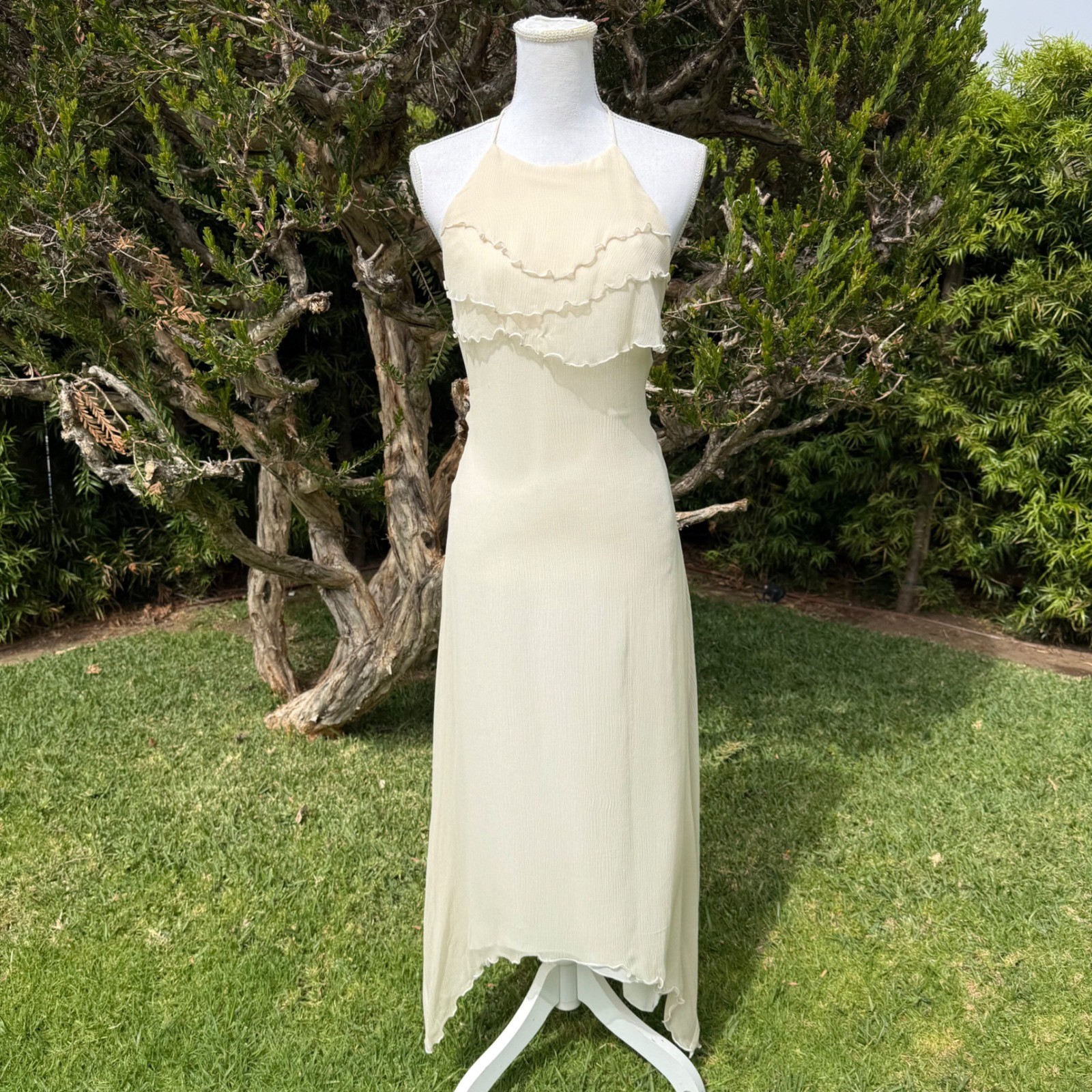 Hartnell Silk Cream Halter Maxi Ruffle Tiered Handkerchief Hem Cream White